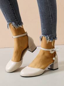 2024春季新款女士粗跟鞋，英式風格春秋季皮革鞋 - 米色 - 查看 2