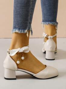 2024春季新款女士粗跟鞋，英式風格春秋季皮革鞋 - 米色 - 查看 4