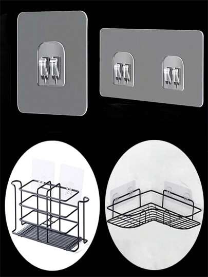 10pcs Transparent Adhesive Wall Hooks, Wall Mounted Storage Rack Plate, Self-Adhesive Spring Hook For Fixing Storage Basket, Practical Sticker Accessory For Bedroom, Bathroom, Kitchen And Living Room Home Bathroom Decor Bathroom Accessories Bathroom Organizer Fall Decor Back To School