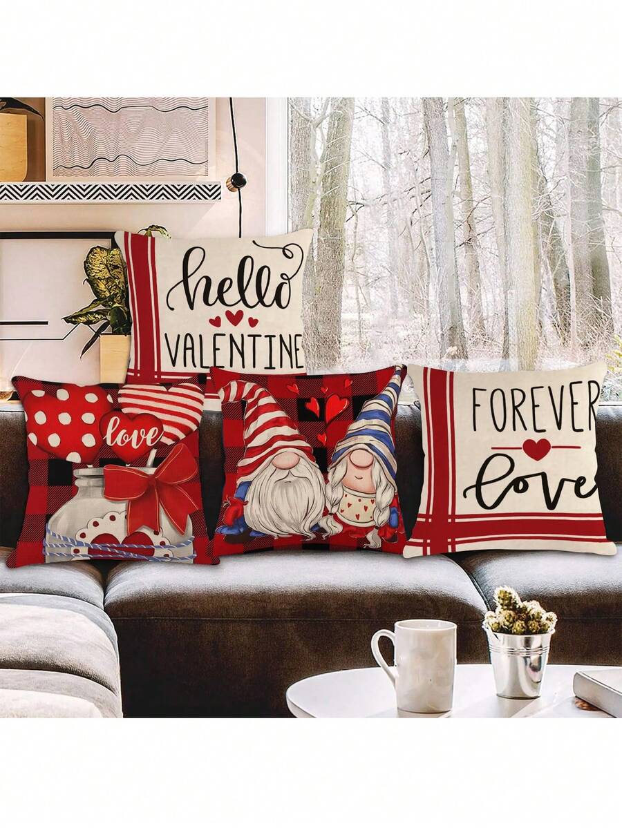 4pcs/Set Sweet Valentine'S Day Pattern Decorative Pillowcases (Pillow Insert Not Included) For Decorating Family Sofa - Multicolor - View 1
