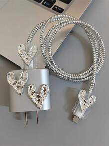 卡通闪亮心形1.5米绕线器+固线器+防断充电头+20w快充数据线 4件套 兼容数据线保护器、充电器保护器 - 灰色 - 查看 6