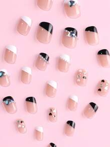 24入組短方形閃亮鑽石和陰陽黑白法式珍珠美甲貼片,附1支美甲文件和1支啫喱膠 - 黑與白 - 查看 5