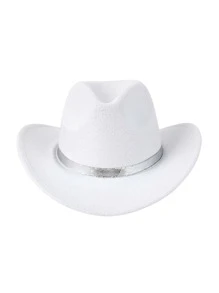 1顶【牛仔帽】白色卷边西部牛仔帽，男女通用，爵士帽，银色金属饰边，舞台表演帽 - 白色 - 查看 3