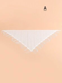 1入組女士白色針織空心花邊和流蘇細節三角圍巾,全季節適用的休閒風格多功能披肩,日常、防曬、透氣、頭巾 - 彩色 - 查看 3