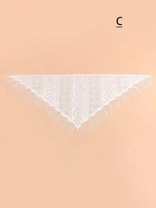 1入組女士白色針織空心花邊和流蘇細節三角圍巾,全季節適用的休閒風格多功能披肩,日常、防曬、透氣、頭巾 - 彩色 - 查看 7