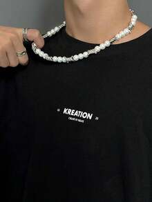 1pc Men's Pearl Necklace, Hip Hop Style Clavicle Chain, Festival Gift - Silver - View 3