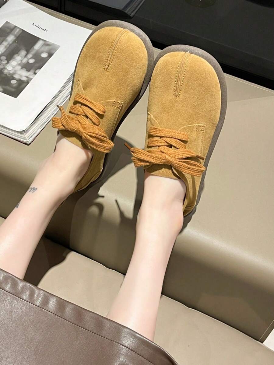 女式復古尖頭分趾設計德比鞋,採用綁帶閉合式,低跟樂福鞋,舒適時尚通用鞋款 - 棕色 - 查看 1