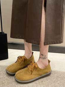 女式復古尖頭分趾設計德比鞋,採用綁帶閉合式,低跟樂福鞋,舒適時尚通用鞋款 - 棕色 - 查看 2