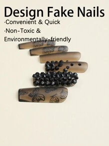 壓花美甲假指甲長形黑色假甲,3d哥特式鑽石蝴蝶設計啞面全蓋貼式24片 女性禮物 - 黑色 - 查看 4