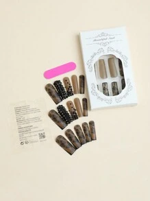 壓花美甲假指甲長形黑色假甲,3d哥特式鑽石蝴蝶設計啞面全蓋貼式24片 女性禮物 - 黑色 - 查看 2