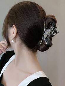 1入組女士鑽石蝴蝶大髮夾，優雅的髮爪髮飾 - 黑色 - 查看 2