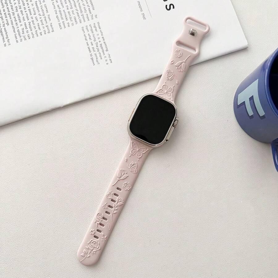 1pc Embossment Butterfly Rose Band Strap Compatible With Apple Smart Watch 38/40/41/42/44/45/49mm Fashion Comfortable And Breathable Bracelet Unisex  Fancy Soft Silicone - Silty Sand Color - View 1