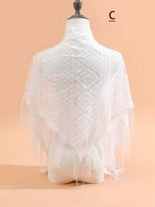 1入組女士白色針織空心花邊和流蘇細節三角圍巾,全季節適用的休閒風格多功能披肩,日常、防曬、透氣、頭巾 - 彩色 - 查看 14