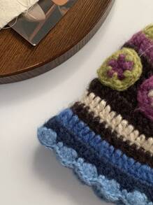 1入組藍色針織桶帽，3D花卉圖案，男女皆宜，四季適用 - 藍色 - 查看 8