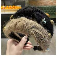 1 件冬季針織結頭帶,帶水鑽裝飾和寬髮帶,用於護髮 - 卡其色 - 查看 2