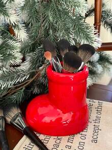 1pc Ceramic Pen Holder With High Aesthetic Value, Desktop Makeup Brush Storage Container Or Decorative Vase, Festive Decoration, Red Shoes Design With Floral Patterns - Red - View 5
