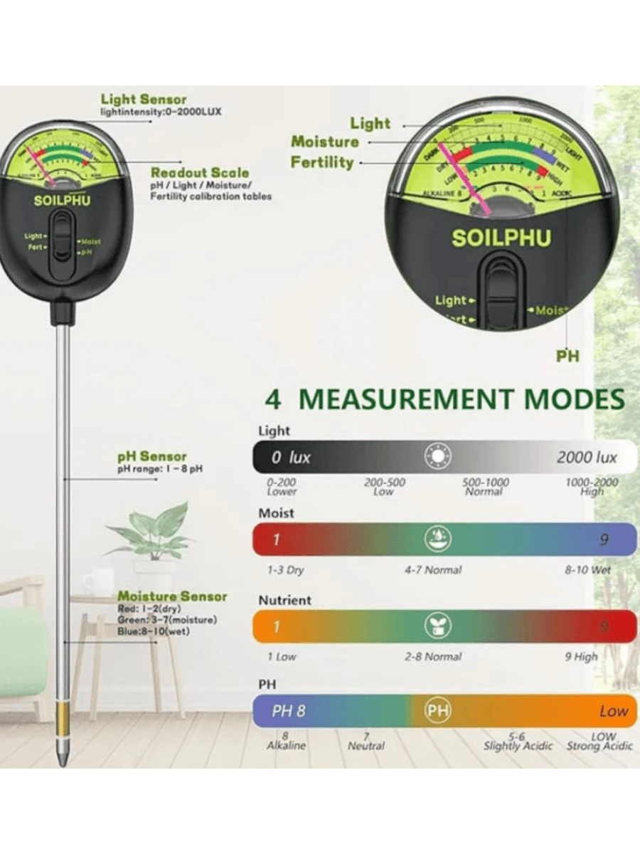 4 In 1 Soil Pointer Meter, Soil Moisture PH Sunlight Intensity ...