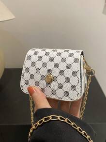 1入組對比印花復古斜背包，復古翻轉鏈帶袋，女士小斜背包包