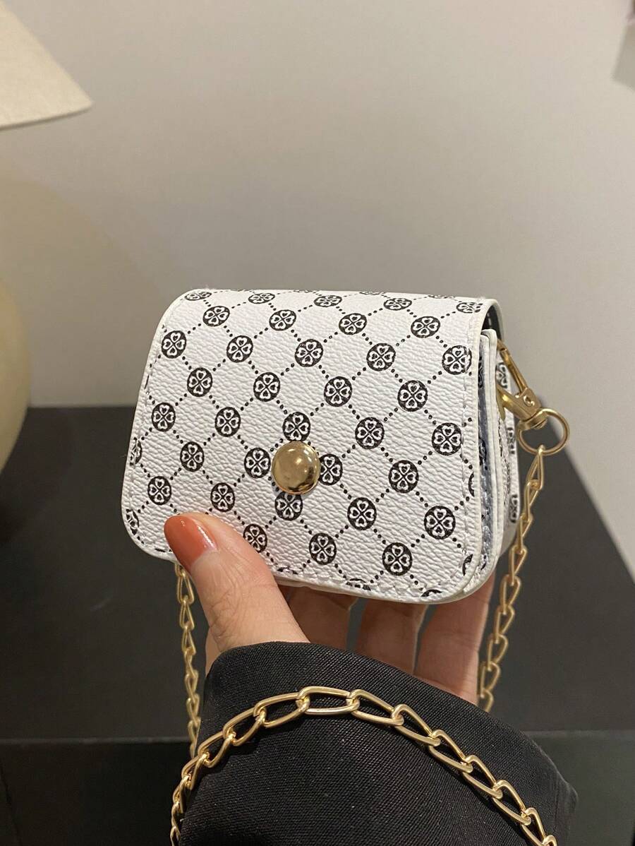 1入組對比印花復古斜背包，復古翻轉鏈帶袋，女士小斜背包包