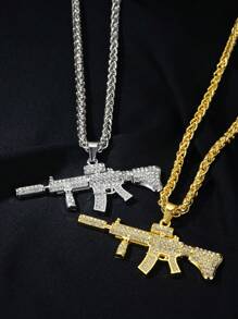 1套華麗的銀色和金色18k鍍金閃亮鑽石鑲嵌模型機槍吊墜項鍊,男女情侶穿戴日常休閒和假日夜店街頭風格,情人節新年禮物,適用於男女情侶和好友,西岸幫派饒舌嘻哈名人風格珠寶 - 金色/銀色套裝 - 查看 1