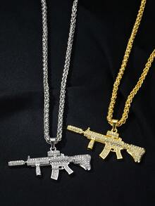 1套華麗的銀色和金色18k鍍金閃亮鑽石鑲嵌模型機槍吊墜項鍊,男女情侶穿戴日常休閒和假日夜店街頭風格,情人節新年禮物,適用於男女情侶和好友,西岸幫派饒舌嘻哈名人風格珠寶 - 金色/銀色套裝 - 查看 3