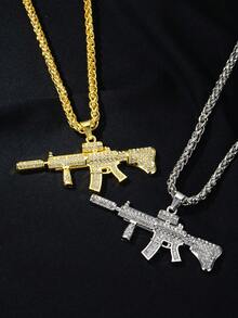 1套華麗的銀色和金色18k鍍金閃亮鑽石鑲嵌模型機槍吊墜項鍊,男女情侶穿戴日常休閒和假日夜店街頭風格,情人節新年禮物,適用於男女情侶和好友,西岸幫派饒舌嘻哈名人風格珠寶 - 金色/銀色套裝 - 查看 6