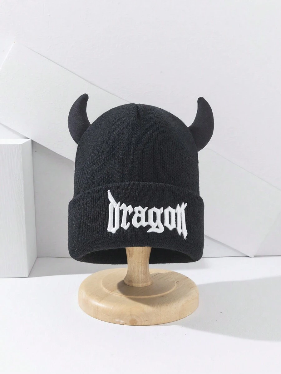 全新男士針織帽,時尚牛角形狀,派對慶典,保暖,男女通用情侶風格,刺繡帽子 - 黑色 - 查看 1