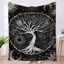 1條黑白色生命之樹太陽月亮印花法蘭絨毛毯,柔軟保暖的沙發、臥榻和床上抱枕毛毯 - 黑與白 - 查看 3