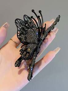 1入組女士鑽石蝴蝶大髮夾，優雅的髮爪髮飾 - 黑色 - 查看 4