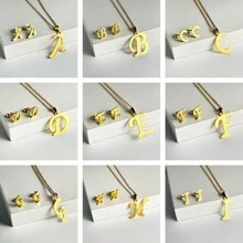 1 Set European And American Style Stainless Steel 26 Alphabet Pendants Necklace Set, 3pcs/Set, Initial Letter F. Simple Pendant Collarbone Chain And Earring Set For Women; All-Match Sweater Chain,Not Fading Necklace, Collarbone Chain And Earrings Set. - Gold - View 3