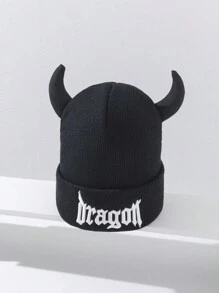 全新男士針織帽,時尚牛角形狀,派對慶典,保暖,男女通用情侶風格,刺繡帽子 - 黑色 - 查看 2