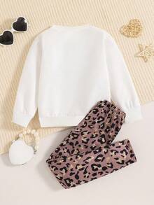 Young Girl Leopard Heart Pattern Round Neck Sweatshirt And Leggings Set - White - View 2