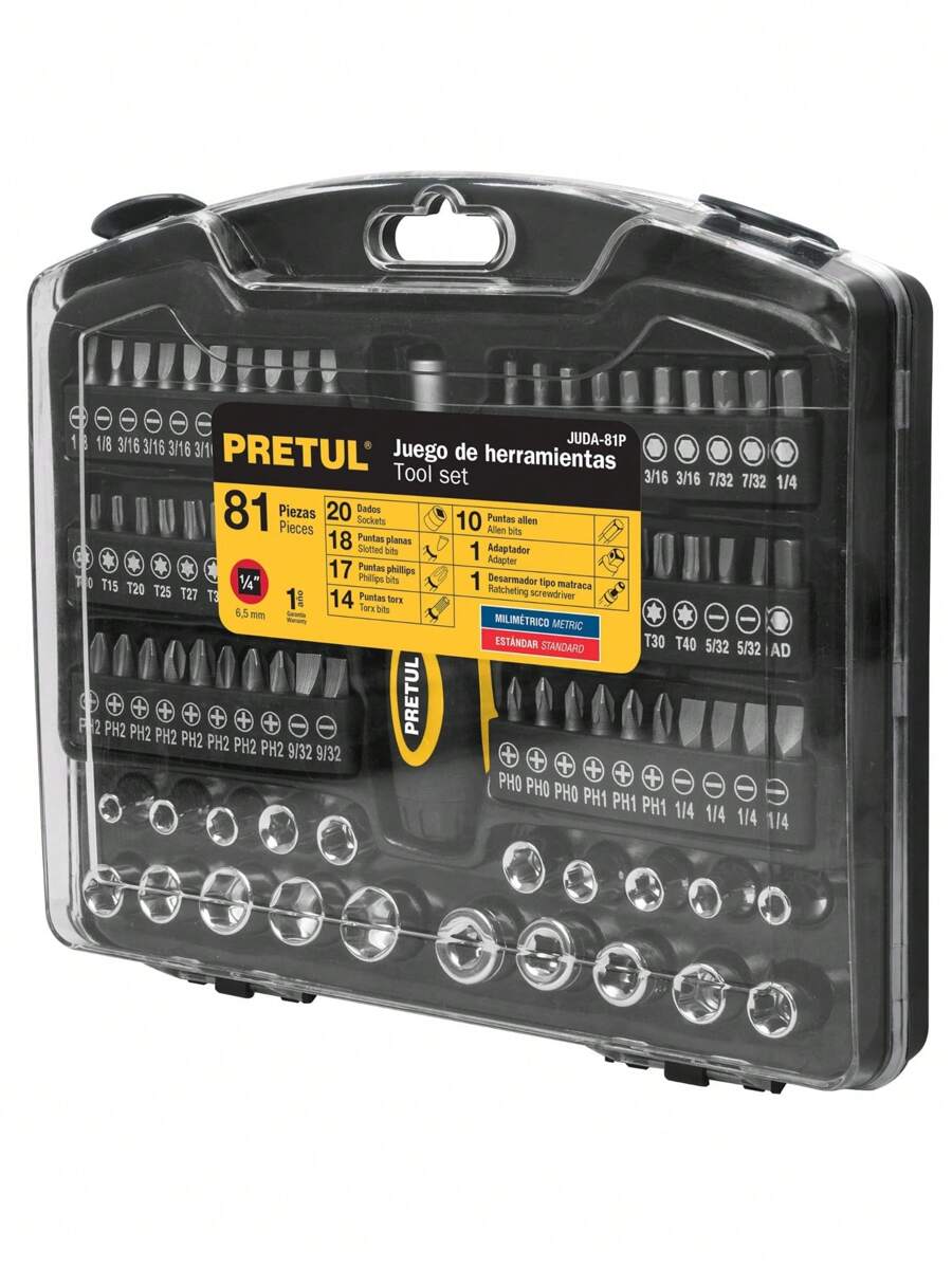 Juego de 81 herramientas 1/4" para mecánico, Pretul JUDA-81P - Plateado - Ver 1