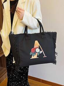 新品流蘇大容量個性化字母設計肩袋,時尚多用途斜背包、手提包,適用於學生、購物等 - 黑色 - 查看 7