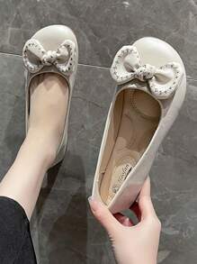 2024 Nowe damskie uniwersalne buty na wiosnę i lato z okrągłym noskiem i niską cholewką, wygodne, codzienne, płaskie buty ze słodkim detalem kokardki - Beżowy - Zobacz 2