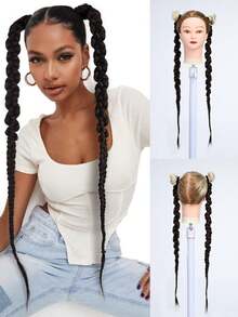 2 Pieces 24 Inch Long Boxing Braid Ponytail With Rubber Band Hair Ring Synthetic Boxing Braids Crochet Braid Hair Extensions For Women Daily Wear - Black-brown - View 2