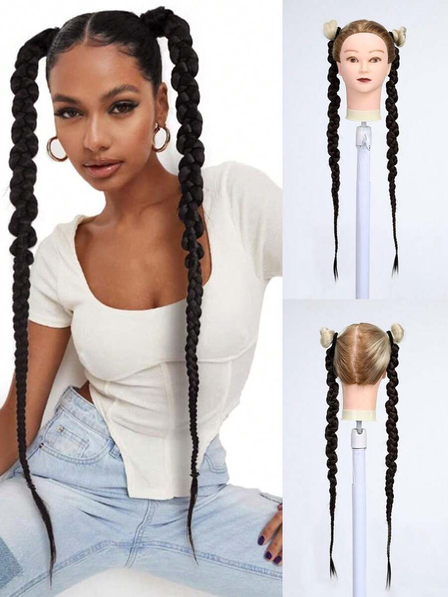 2 Pieces 24 Inch Long Boxing Braid Ponytail With Rubber Band Hair Ring Synthetic Boxing Braids Crochet Braid Hair Extensions For Women Daily Wear