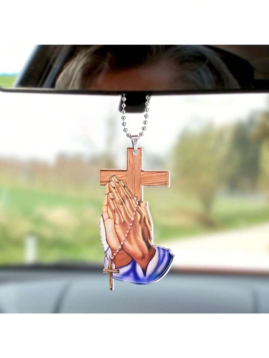 Jesus Cross Prayer Hand Pendant, Christian Cross Car Interior Rearview Mirror Pendant Car Pendant, Home Wall Decoration, Car Keychain Accessories - Blue - View 1