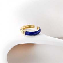1入流行復古925銀藍色琺瑯條紋設計開環戒指,鑲嵌鋯石細節,簡約風格,女性日常穿戴的理想禮物 - 藍色 - 查看 3