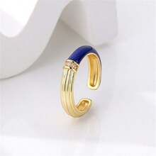 1入流行復古925銀藍色琺瑯條紋設計開環戒指,鑲嵌鋯石細節,簡約風格,女性日常穿戴的理想禮物 - 藍色 - 查看 5