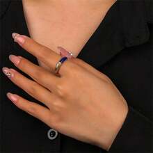 1入流行復古925銀藍色琺瑯條紋設計開環戒指,鑲嵌鋯石細節,簡約風格,女性日常穿戴的理想禮物 - 藍色 - 查看 6