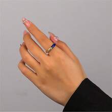 1入流行復古925銀藍色琺瑯條紋設計開環戒指,鑲嵌鋯石細節,簡約風格,女性日常穿戴的理想禮物 - 藍色 - 查看 2