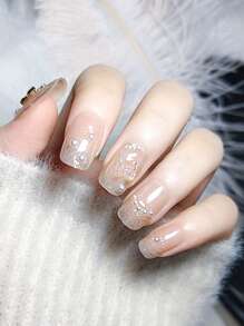 24pcs Long Square Sweet Style Nude Color & 3d Butterfly Design False Nails With 1pc Nail File And 1pc Jelly Gel - Apricot - View 2