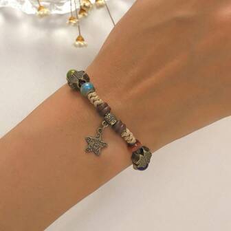 1pc Handmade Ceramic Woven Style Star Beaded Bracelet For Women, Holiday Accessory