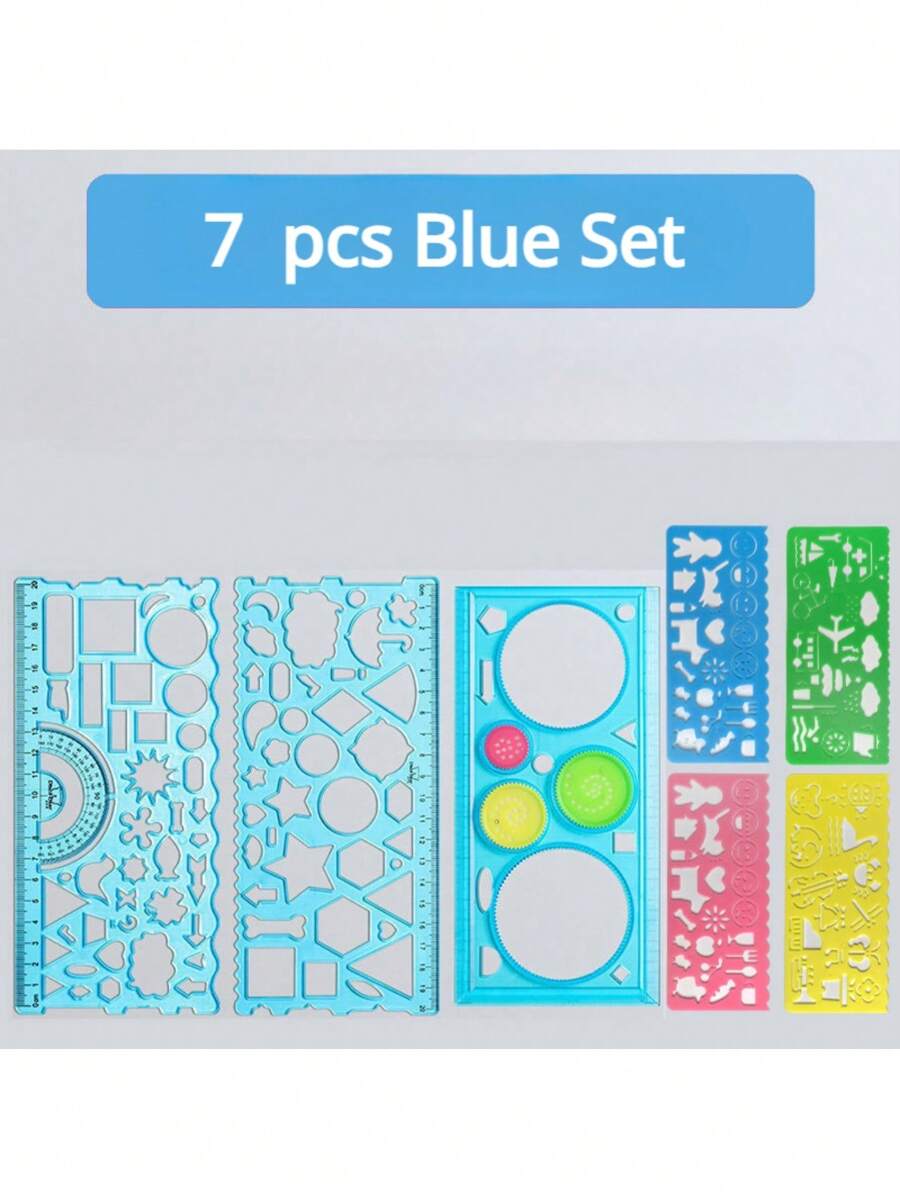 1套7入組法式曲線圓形和螺旋模板,用於繪圖和學校項目 - 藍色 - 查看 1