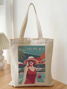 Beekinn Rabbit And Bear Pattern Canvas Tote Bag, Reusable Casual Shoulder Shopping Handbag Cotton Bag,Fashion Large Capacity Tote Bag Cartoon Gift Teacher Gift Bag On Christmas And Halloween For Mother's Day - Beige - View 2