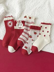 5pairs Children's Festive Lace Rabbit Patterned Mid-Calf Socks Suitable For All Seasons - Multicolor - View 1