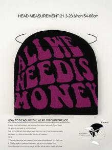 1頂男女適用all We Need Is Money字母&卡通圖案針織提花街舞帽,彈性好且時尚,適合旅行、購物、日常穿著各季節適用 - 黑色 - 查看 4