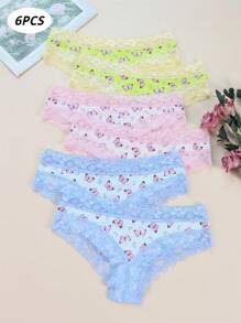 6入組性感可愛比基尼女褲組,情人節模仿女士內衣,蝴蝶印花對比蕾絲修邊6包低腰三角褲內衣,多色組裝 - 彩色 - 查看 1