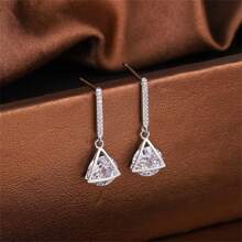 1pair Fashionable Real 925 Sterling Silver & Zirconia Earrings For Women, High-End Jewelry Gift For Festivals - Silver - View 2